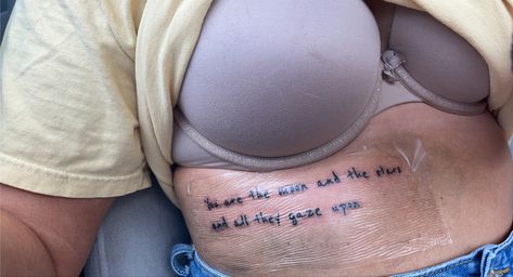 Rib tattoo of a lyric from Dermont Kennedy’s song “Giants” Rib Tattoo, Tattoo Quotes, Tattoos, Stars