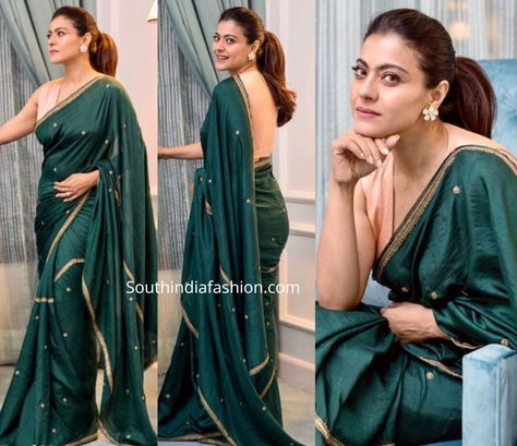 Kajol In Saree, Age Spots On Hands, Dark Green Silk Saree, Remove Age Spots, Bottle Green Saree, Kajol Saree, Green Silk Saree, Raw Mango, Sari Blouse Designs