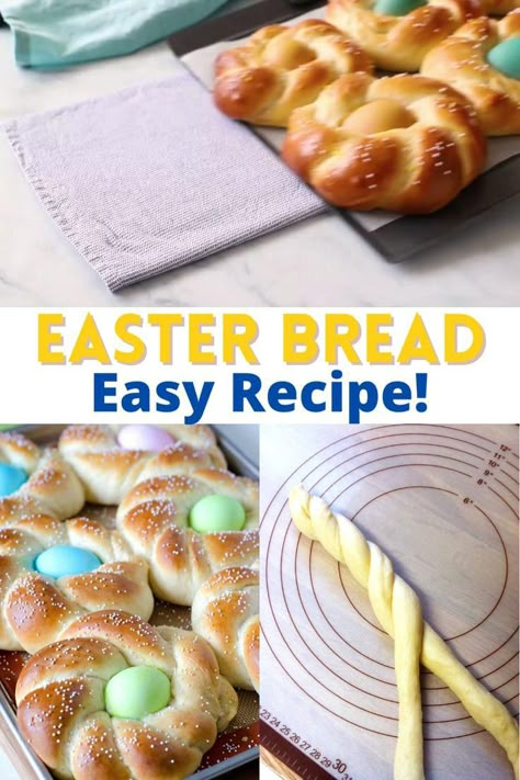 Step by step video of how to make Easter bread along with photos of twisted bread wreaths with colored Easter eggs in the center. Easter Bread Recipes Sweet, Easter Egg Bread, Easter Bread Recipes, Sweet Easter Bread, Egg Bread Recipe, Braided Bread Recipe, Confetti Cake Recipes, Egg Baked, Spring Foods