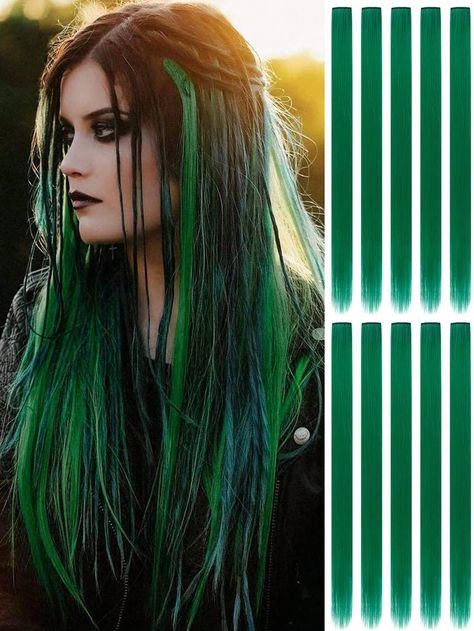 Green  Collar  Chemical Fiber  Clip-In Hair Extensions Embellished   Wigs & Accs Hair Extensions Color, Hair Highlights And Lowlights, Colored Hair Extensions, Highlights And Lowlights, Clip In Hair, Women Party, Dip Dye, Girls Party, Clip In Hair Extensions