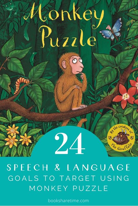 Take a look at the speech and language goals you can target in speech therapy using Monkey Puzzle / Where's My Mom? by Julia Donaldson & Axel Scheffler #childrensbooks #picturebooks #speechtherapy Monkey Puzzle Eyfs, Monkey Puzzle Activities, Julia Donaldson Activities, Monkey Puzzle Book, Narrative Activities, Monkey Activities, Communication And Language Activities, Julia Donaldson Books, Preschool Jungle