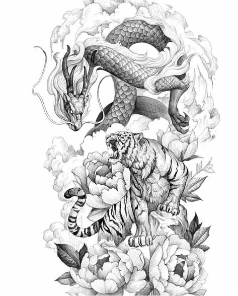 Dragon Tattoo Japanese Style, Dragon And Tiger Tattoo, Dragon Tiger Tattoo, Tigre Y Dragon, Ox Tattoo, Tattoo Half Sleeve, Half Sleeve Tattoos Sketches, Dragon And Tiger, Japanese Tiger Tattoo