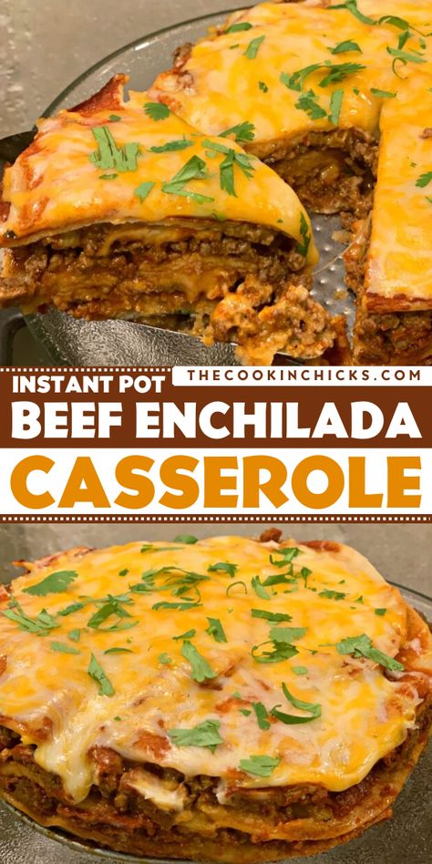 Looking for easy Cinco de Mayo main dishes? These instant pot beef enchiladas are the perfect addition to your Cinco de Mayo dinner menu! A delicous beef enchilada casserole that's packed with Tex-Mex flavor. A sure hit with the family! Beef Enchilada Casserole, The Cookin Chicks, Beef Enchilada, Delicious Chicken Dinners, Chicke Recipes, Beef Sauce, Enchilada Casserole Recipes, Potted Beef, Easy Chicken Dinner Recipes