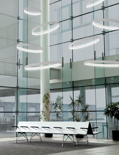 Cascading circular pendants of varying sizes in high ceiling atrium space. Atrium Lighting, Large Foyer Chandeliers, Lobby Lighting, Lighting Design Inspiration, Entrance Lighting, Hospitality Lighting, Hall Interior Design, Grand Forks, Lobby Interior