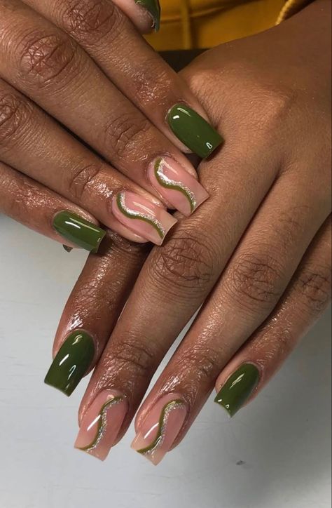 Fall Nails Green And Brown, Green Nature Nails, Army Green Nails, Olive Green Nails, Natural Nail Designs, Green Nail Designs, Dope Nail Designs, Long Acrylic Nails Coffin, Long Acrylic