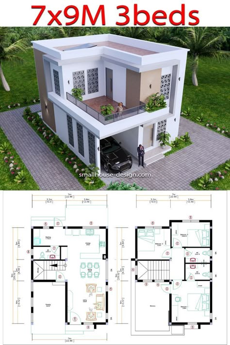 House Design 11x15 With 3 Bedrooms Terrace Roof - House Plans 3d 07B Philippines Houses, 20 50 House Plan, Luxury Ranch House, House Porch Design, Luxury Ranch House Plans, Affordable House Design, Smaller Houses, House Plans 3d, Small House Design Philippines