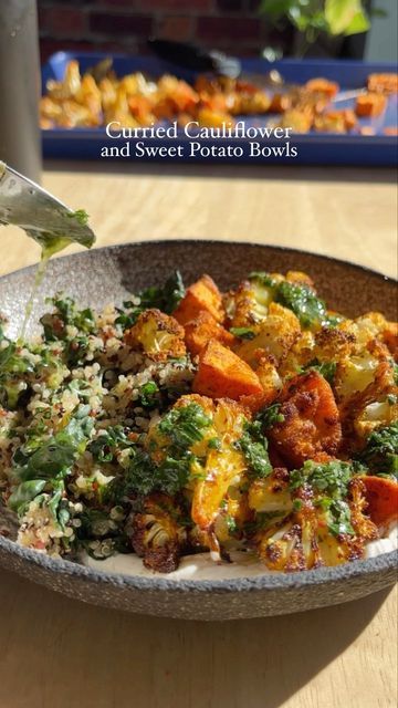 234K views · 12K likes | Jamie Vespa MS, RD on Instagram: "Curried cauliflower and sweet potato bowls with quinoa, kale, and cumin-spiced yogurt. A feel-good, flavorful bowl with warming spices and immune-supportive ingredients. Here’s what you need: ▢ cauliflower florets ▢ sweet potato, peeled and cubed ▢ extra-virgin olive oil ▢ curry powder ▢ paprika ▢ garlic powder ▢ quinoa ▢ water or vegetable broth ▢ lacinato kale ▢ fresh parsley ▢ lemon zest + juice ▢ toasted pepitas ▢ plain full-fat Greek yogurt ▢ tahini ▢ ground cumin Click the link in my bio to access the full recipe! . . #dishingouthealth #healthyrecipes #vegetarianrecipes #lunchideas #dinnerrecipes #glutenfreerecipes" Toasted Pepitas, Potato Bowls, Lacinato Kale, Curried Cauliflower, Quinoa Kale, Sweet Potato Bowls, Best Healthy Dinner Recipes, Sweet Potato Kale, Cauliflower Curry