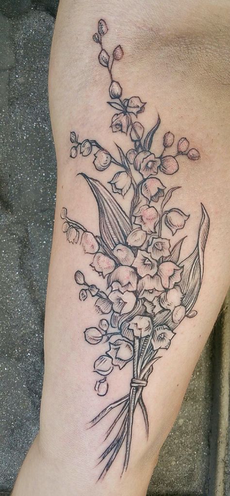 Lily of the Valley; inked artwork by Anthony Yoder at The AntFarm in Lancaster, PA. Gladiolus Flower Tattoos, Valley Tattoo, Flower Tattoo Meanings, Flower Tattoo Arm, Birth Flower Tattoos, Flower Tattoo Sleeve, Lily Tattoo, Ink Artwork, Flower Tattoo Designs