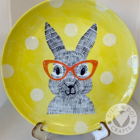 Paint you own pottery design of an Easter Bunny plate with sunglasses from www.dixiedotcrafts.com in Gloucester, UK Ceramic Bunny Painted, Easter Pottery Painting Ideas, Easter Pottery Ideas, Clay Imprints, Ceramic Pottery Painting, Painted Pottery Ideas, Pottery Painting Studio, Baby Hand And Foot Prints, Gloucester Uk