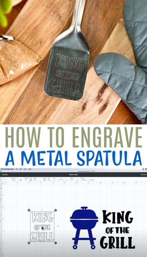 We know some Cricut owners get intimidated by the idea of metal engraving, but this tutorial is going to show you just how easy it is to do.We’ll give you a step-by-step tutorial and our best Cricut hacks on how to engrave metal with Cricut. This opens up so many craft project possibilities! Our engraved metal spatula makes a perfect handmade gift for anyone who loves to grill! Metal Engraving Designs, Engraving Ideas Metal, Metal Engraving Ideas, Laser Etched Metal, Metal Spatula, Cricut Gifts, Laser Engraved Metal, Diy Recycled Projects, Cricut Hacks