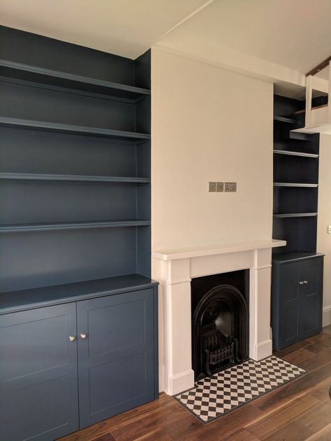 Wallpaper For Alcoves, Built In Alcove Cupboards And Shelves, Blue Alcove Shelves, Dark Blue Alcoves, Dark Alcove Shelving, Painted Shelves Around Fireplace, Dark Blue White Living Room, Alcove Shelving Dining Room, Built In Cupboard Next To Fireplace