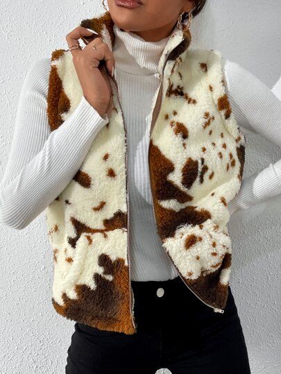 Cow Print Teddy Vest Jacket | SHEIN USA Cow Print Vest, Tweed Overcoat, Fuzzy Coat, Animal Print Outfits, Zip Up Vest, Soft Teddy, Pu Leather Jacket, Suede Coat, Belted Trench Coat