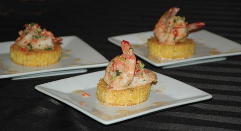 Grit Cakes With Shrimp, Shrimp And Grits In A Cup, Smoked Gouda Grit Cakes, Shrimp And Gouda Grits Recipe, Shrimp And Grits Appetizer Cups, Grit Cakes Recipe, Shrimp And Smoked Gouda Grits Recipe, Easy Shrimp And Grits, Grit Cakes