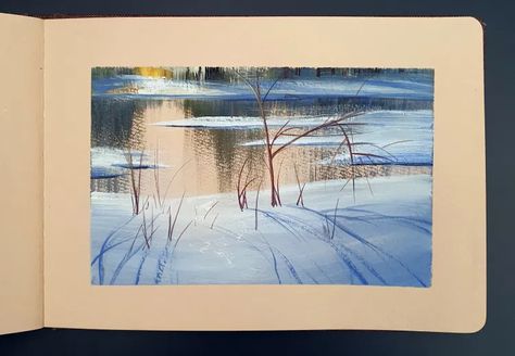 Sarah Burns Studio, Sarah Burns Glorious Gouache, Glorious Gouache, Gouache Landscapes, Gauche Painting, Gouache Landscape, Painting Journal, Gouache Illustration, Frozen Pond