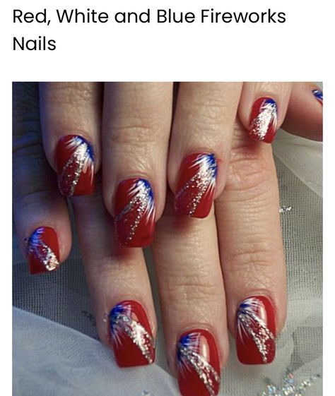 Red White And Blue Nails, White And Blue Nails, Red And Silver Nails, Firework Nail Art, Patriotic Nails Design, Firework Nails, Red Nail Art Designs, Patriotic Nails, Fourth Of July Nails