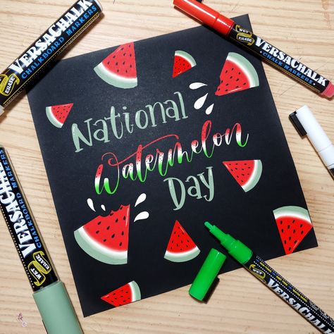 Happy National Watermelon 🍉 Day! ❓ Do you like watermelon? 💚⁠ .⁠ P.S. VersaChalk markers can also be used on paper- not just chalkboards!  . #fauxcalligraphy #blend #art #artdaily #chalklettering #chalkart #calligritype #modernlettering #moderncalligraphy #typematters #typegang #typespire #typography #thedailytype #watermelon #chalklettering #artjournal #artgram #doodle #versachalk #handlettering #handlettered #letteringinspiration #draw #letteringcommunity #letteringdaily #illustration Watermelon Chalkboard Art, Strawberry Font, National Watermelon Day, Watermelon Day, Plank Art, Chalkboard Markers, Watermelon Art, Faux Calligraphy, Chalk Lettering