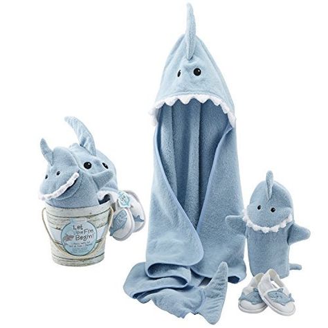 Baby Aspen Let The Fin Begin Four-Piece Bath Gift Set, http://www.amazon.ca/dp/B00SIG7FYM/ref=cm_sw_r_pi_awdl_VbzSvbB1MB0ZN Neutral Baby Gifts, Gender Neutral Baby Gifts, Shark Gifts, Baby Bath Towel, Bath Gift Set, Baby Bath Toys, Sensory Development, Bath Gift, Splish Splash