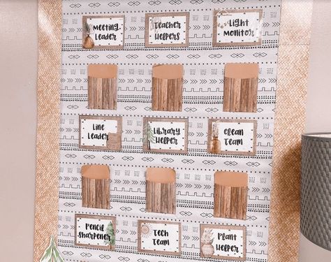 Classroom Student Jobs inspiration Boho Class Jobs Bulletin Board, Job Boards For Classroom, Job Charts For The Classroom, Modern Farmhouse Library, Class Jobs Chart, Student Job Chart, Class Jobs Display, Farmhouse Library, Classroom Jobs Board