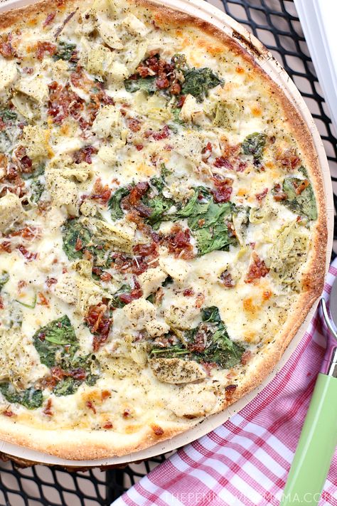 Chicken Murphy Recipe Italian, Chicken Artichoke Pizza, Copycat Papa Murphys Pizza Dough, Papa Murphys Garlic Pizza Sauce, Chicken Artichoke Recipes, Chicken Spinach Artichoke Pizza, Pizza Spices, Spinach Artichoke Pizza, Papa Murphys Chicken Garlic Pizza