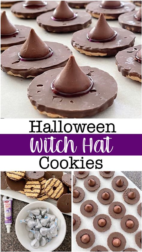 Easy Witch Hat Cookies, Witchy Party Snacks, Homemade Cookies Halloween, Fudge Stripe Witches Hat, Witch Hat Cookies Hershey's Kisses, Easy Halloween Treats For Adults, Fudge Stripe Witch Hats, Witch Hat Snack, Cookie Witch Hats