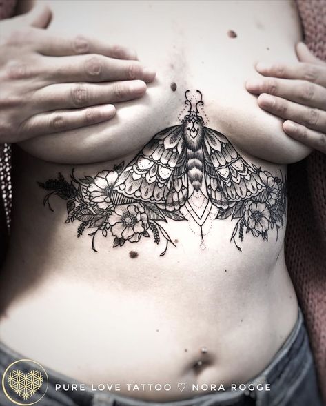 ♡NORA ROGGE ©PURE LOVE TATTOO on Instagram: “Danke Jaqueline 🥰 ✨🙏✨/// via www.purelovetattoo.com . . . . . . . . . . . #flower #moth #dotwork #mandala #pattern #thepowerofnow #tattoo…” Moth Dotwork, Baby Owl Tattoos, Luna Moth Tattoo, Sternum Tattoo Design, Dotwork Mandala, Artsy Tattoos, Underboob Tattoo, Moth Tattoo, Tattoo Cover Up