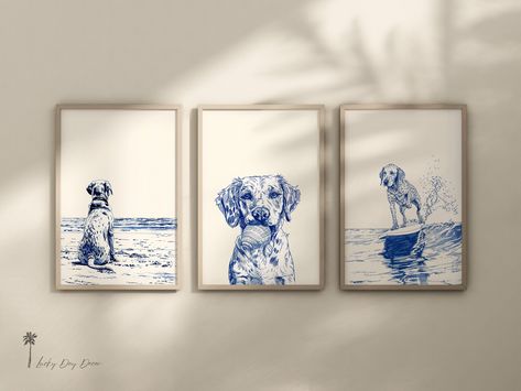 Set Of 3 - Dog Days On The Coastal Water - Coastal Home Art - Simplistic Beach Life - Dog Lovers Gift - Beach House Condo- Blue Color Sketch We are happy to announce an additional coastal series of simplistic beach life.  With all the positive feedback and requests for beach kids and dogs, it inspired us to make more!  This series is one of our favorites.  The simplistic good life depicted on a beach with dogs and kids.  We hope you enjoy these as much as we do. Enhance your living area with this coastal artwork inspired by the peace and relaxation of the ocean.  Embrace the beauty of the seaside and transform your space into a coastal getaway.  Visit our shop to see our entire selection for animal lovers, beach enthusiasts, and admirers of nature!     https://luckydaydecor.etsy.com KINDLY Coastal Artwork, Set Of 3 Wall Art, Dogs And Kids, Coastal Home, Beach Kids, Coastal Homes, Lovers Gift, Beach Life, Dog Days