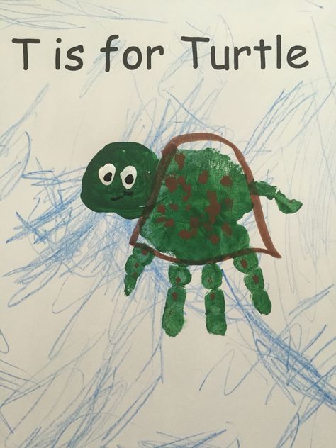 Turtle Handprint Craft, Turtle Art Preschool, Alphabet Footprints, Craft Under The Sea, Turtle Handprint, Turtle Preschool, Hand Print Crafts For Kids, Hand Print Crafts, T Is For Turtle