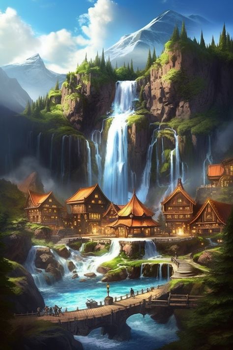 Village Forest, Japanese Culture Art, Game Background Art, Fairytale House, Fantasy World Map, Scenery Background, Fantasy Homes, Lake Art, Fantasy City