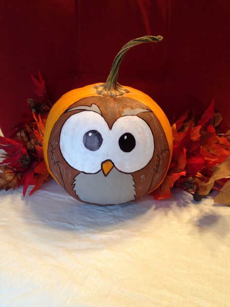 My painted owl pumpkin                                                                                                                                                                                 More Owl Pumpkin Carving, Pumpkin Face Paint, Pumkin Decoration, Owl Pumpkin, Painted Owl, Pumpkin Decorating Contest, Pumpkin Contest, Pumpkin Painting Ideas, Halloween Pumpkins Painted