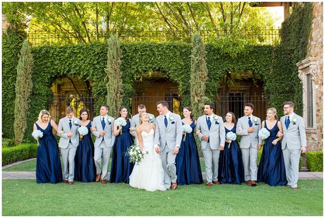 Navy Bridesmaids And Grey Groomsmen, Grey Suit Royal Blue Tie, Suits To Match Navy Blue Dress, Bridesmaids And Groomsmen Colors, Wedding Party Color Scheme, Grey And Blue Wedding, Suit With Blue Tie, Navy Blue Wedding Party, Navy Wedding Party