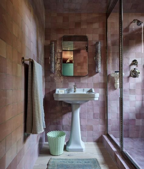 Malibu Home, Cle Tile, Marble Showers, Shower Fittings, Sarah Paulson, Bold Wallpaper, Purple Paint, Zellige Tile, Pink Bathroom