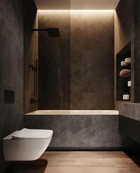 Dark Bathroom Ideas Modern, Small Dark Bathroom, Dark Bathroom Ideas, Wood Floor Bathroom, Modern Small Bathrooms, Luxury Master Bathrooms, Dark Bathrooms, Bathroom Decorations, Turkish Tiles