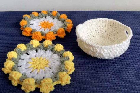 Crochet Flower Pot Coasters Free Pattern, Crocheted Flower Pot Coasters, Flower Coaster Crochet Pattern Free, Crochet Household Items, Flower Pot Coaster Crochet, Crochet Flowerpot Coaster, Free Crochet Flower Nesting Bowls, Crochet Flower Basket Coaster, Easter Crochet Patterns Free