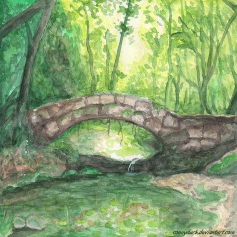 The Bridge In The Magic Forest - Watercolor by ConnyDuck.deviantart.com on @DeviantArt Forest Drawing Watercolour, Fairy Forest Watercolor, Magical Forest Watercolor, Magical Forest Sketch, Magic Forest Drawing, Enchanted Forest Watercolor, Forest Drawing Easy, Project Themes, Watercolour Forest