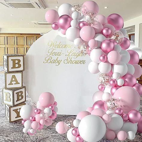 Pink And White Balloons, Balloon Arch Decorations, Confetti Birthday Party, Anniversary Party Decorations, Baby Rosa, Rose Gold Confetti, Confetti Birthday, Girl Birthday Decorations, Metallic Balloons