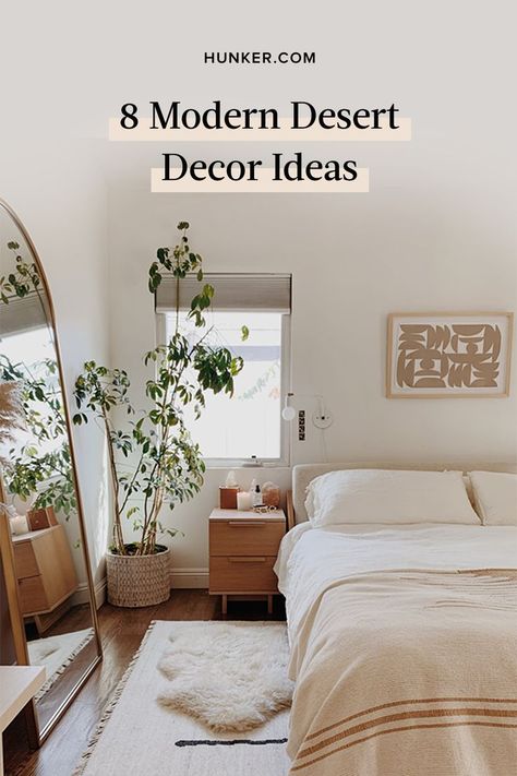 Looking to bring this aesthetic to your own abode? Scroll down to see some of our fave modern desert ideas. #hunkerhome #modern #desert #decor #desertdecor #desertinspired Modern Desert Office Decor, Desert Guest Room, Sedona Inspired Bedroom, Mid Century Desert Decor, Desert Master Bedrooms Decor, Southwest Guest Bedroom, High Desert Interior Design, Desert Modern Decor Living Room, Desert Guest Bedroom