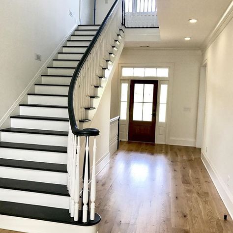 Dark stair treads with lighter stained floors Dark Staircase Light Floors, Dark Stair Treads Light Floors, Dark Stairs Light Floors, Dark Stairs, Dark Staircase, Stairs Black, Stairs Light, Stained Floors, Gray Stairs