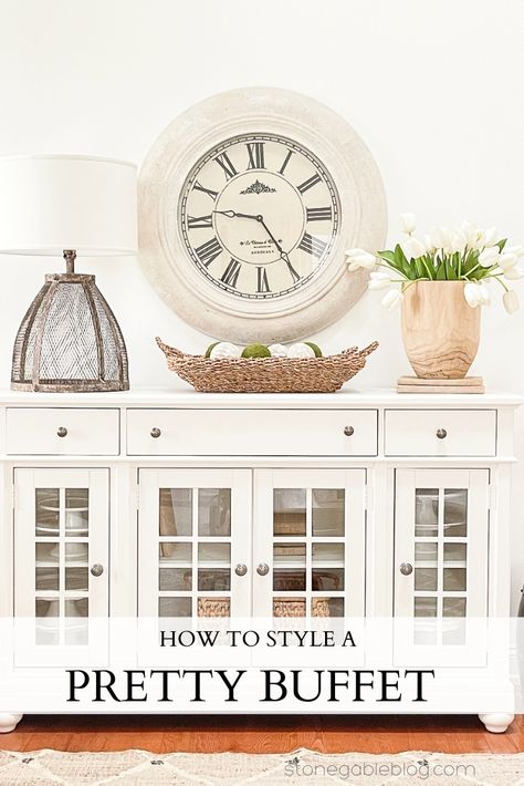 Sideboards and buffets in our dining rooms are easy to decorate and add that layer of decor we all love. Here are 3 easy and doable styled buffet and lots of decorating tips for you! #decorating #homedecor #decor #housebeautiful #iinthediningroom #decoratingabuffet #decoratingahutch #decoratingtips #decoratemyhome #knowyourdecoratingstyle #decoratingideas #stonegable Stonegable Blog, How To Decorate A Buffet, Decorating Sideboards, Decorating A Buffet, Sideboard Decor, Buffet Decor, Easy Fall Decor, Dining Room Buffet, Styling A Buffet