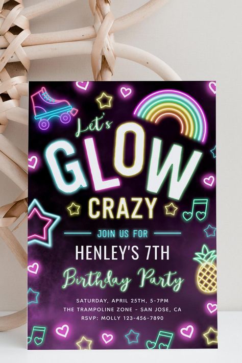 Glow Party Invitation | Neon Party Invitation Neon Party Invitations, Glow Party, Neon Party, Party Shop, 7th Birthday, Kids Party, Birthday Invitations, Party Invitations, Birthday Party