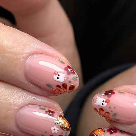 Temu Nails, Chrome Flower Nails, Ghosts And Pumpkins, September Nails, Celebrity Nails, Autumn And Halloween, Cute Ghosts, October Nails, Bright Nails