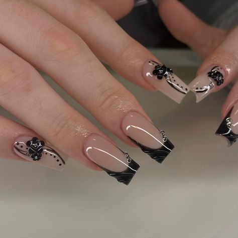 It’s giving Wednesday addams😍😂 #nails #gelx #nailsofinstagram #nailtech #nailsnailsnails #nailart #nailaddict #naildesigns #nailporn #nailjunkie #nailartist #nailinspo #nailideas #vancouver #trend #blacknails #spooky #spookynails #frenchies Black French Tip Nails Goth, Black Nails With Bow Charm, Black Nails, Nail Artist, Nail Tech, Nail Inspo, Nail Designs, Nail Art, Nails