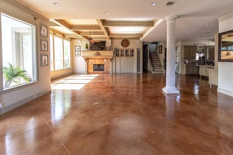 Case Study: Repairing a Neglected Stained Concrete Floor in McKinney Texas — Craftsman Concrete Floors Finished Concrete Floors, Seal Concrete Floor, Concrete Floors In House, Acid Stained Concrete Floors, Decorative Concrete Floors, Stained Concrete Floors, Concrete Dye, Acid Stained Concrete, Concrete Stained Floors