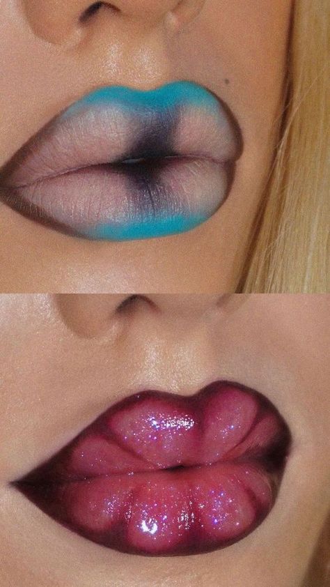 Editorial Lip Makeup, Cool Lip Makeup, Hyperpop Makeup, Lip Designs Art, Face Paint Makeup Looks, Weird Makeup Looks, Lip Makeup Art, Lipstick Building, Unique Makeup Looks