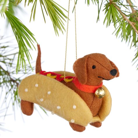 Fabric Dachshund Hot Dog Ornament - World Market Dog Ornaments Diy, Dachshund Hot Dog, Dachshund Ornament, Dachshund Decor, Christmas Dachshund, Weenie Dog, Christmas World, Pottery Animals, Felt Crafts Christmas