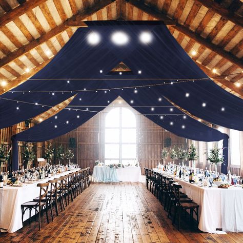 Velaris Wedding, Navy Blue And Gold Party, Midnight Blue Wedding Theme, Ceiling Draping Wedding, Navy Blue Wedding Decorations, Sheer Backdrop, Wedding Styles Themes, Midnight Blue Wedding, 2026 Wedding