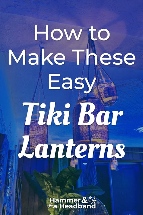 Hanging lanterns with LED candles in a home tiki bar with blue lights Tiki Lamps Diy, Diy Tiki Decor, Diy Tiki Bar Decor, Patio Tiki Bar Ideas, Tiki Bar Decor Ideas, Tiki Boxes Diy, Outdoor Tiki Bar Ideas Backyards, Tiki Bar Ideas For Party, Tiki Bar Ideas Diy