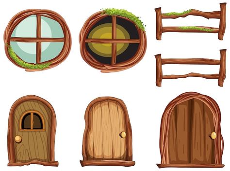 Fairy Garden Doors, Wooden Hut, Window Illustration, Window Drawing, House Cartoon, Landscape Painting Tutorial, House Clipart, Wooden Cottage, Vector Art Design