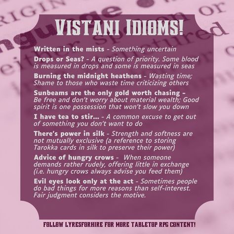 Dictionary-style text post containing Vistani idioms for Ravenloft Epic One Liners, Curse Of Strahd, Myths & Monsters, Campaign Planning, Dungeon Master's Guide, Dungeons And Dragons 5e, Dnd 5e Homebrew, Dnd Dragons, Reference Chart