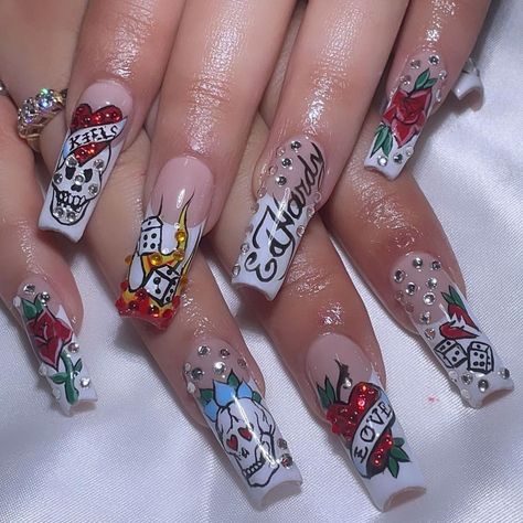 BAY AREA NAIL PLUG🔌🌟KAIT | @edhardy frenchies🥀🥀 inspo @myprettyset ✨ | Instagram Sharon Aesthetic, Ed Hardy Nails, Exotic Nail Designs, Maximalist Outfits, Poppin Nails, She Made Me, Emo Y2k, Pretty Gel Nails, Dope Nail Designs