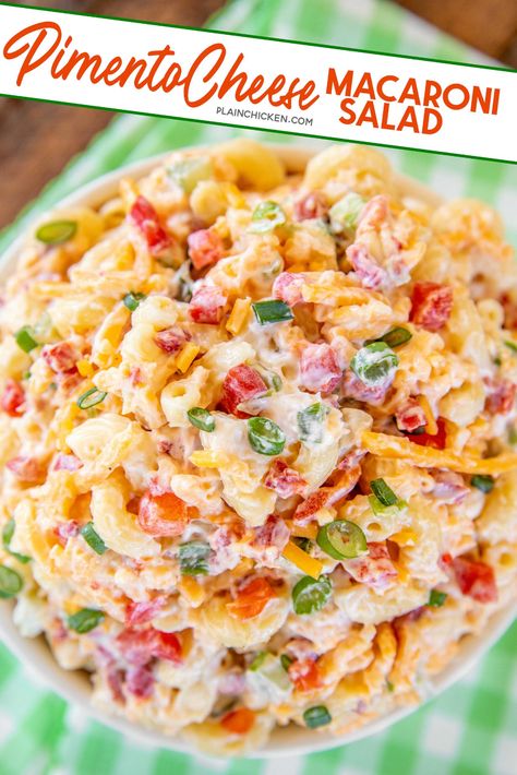 Pimento Cheese Pasta Salad – seriously DELICIOUS! So simple, yet so amazing! Macaroni, cheddar cheese, diced pimentos, celery, green onions, mayonnaise, garlic powder, salt, and pepper. Can make ahead and refrigerate until ready to eat. Perfect for a summer potluck! Such an easy side dish recipe! #pastasalad #pimentocheese #potluck Alfredo Casserole, Salad Macaroni, Egg Salad Sandwich Recipe, Cheese Macaroni, Rice Bake, Pimento Cheese Recipes, Pecan Chicken, Macaroni Salad Recipe, Ricotta Pasta